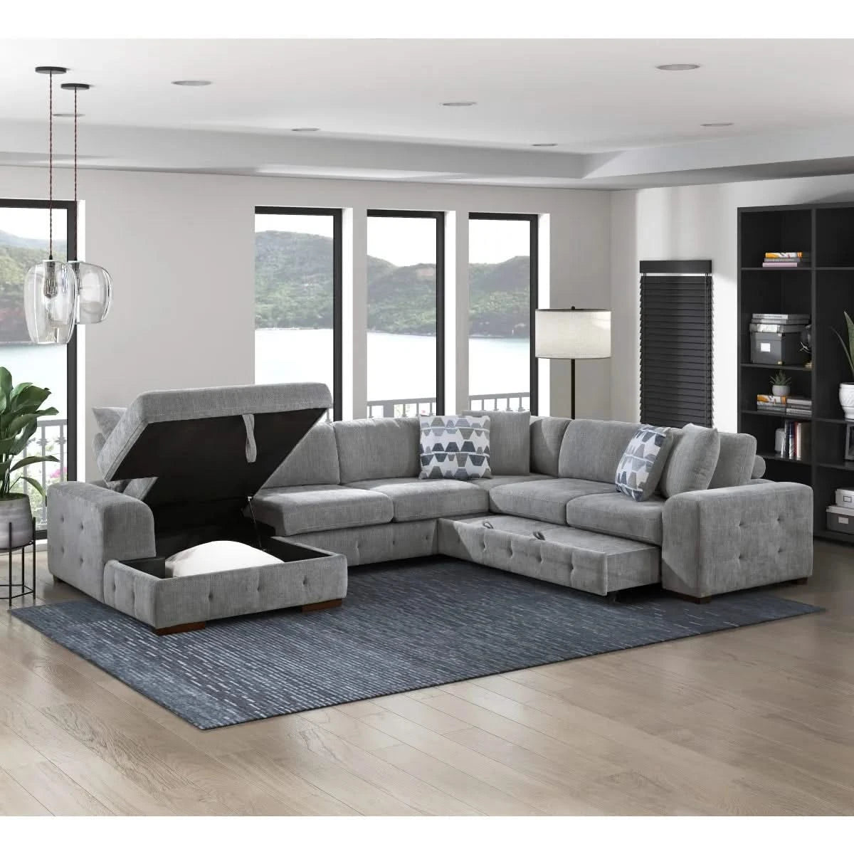 Evolution Gray Modern 4 PC Sectional with Pull-Out Bed, Storage Chaise and Throw Accent pillows