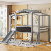 Loft House Bed With Ladder And Slide, With board And Light Strip On The Roof