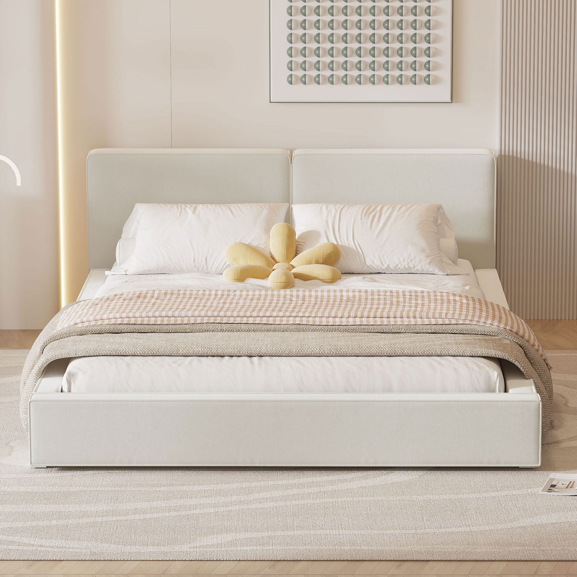 Upholstered Platform Bed, Grounded Bed With Solid Frame