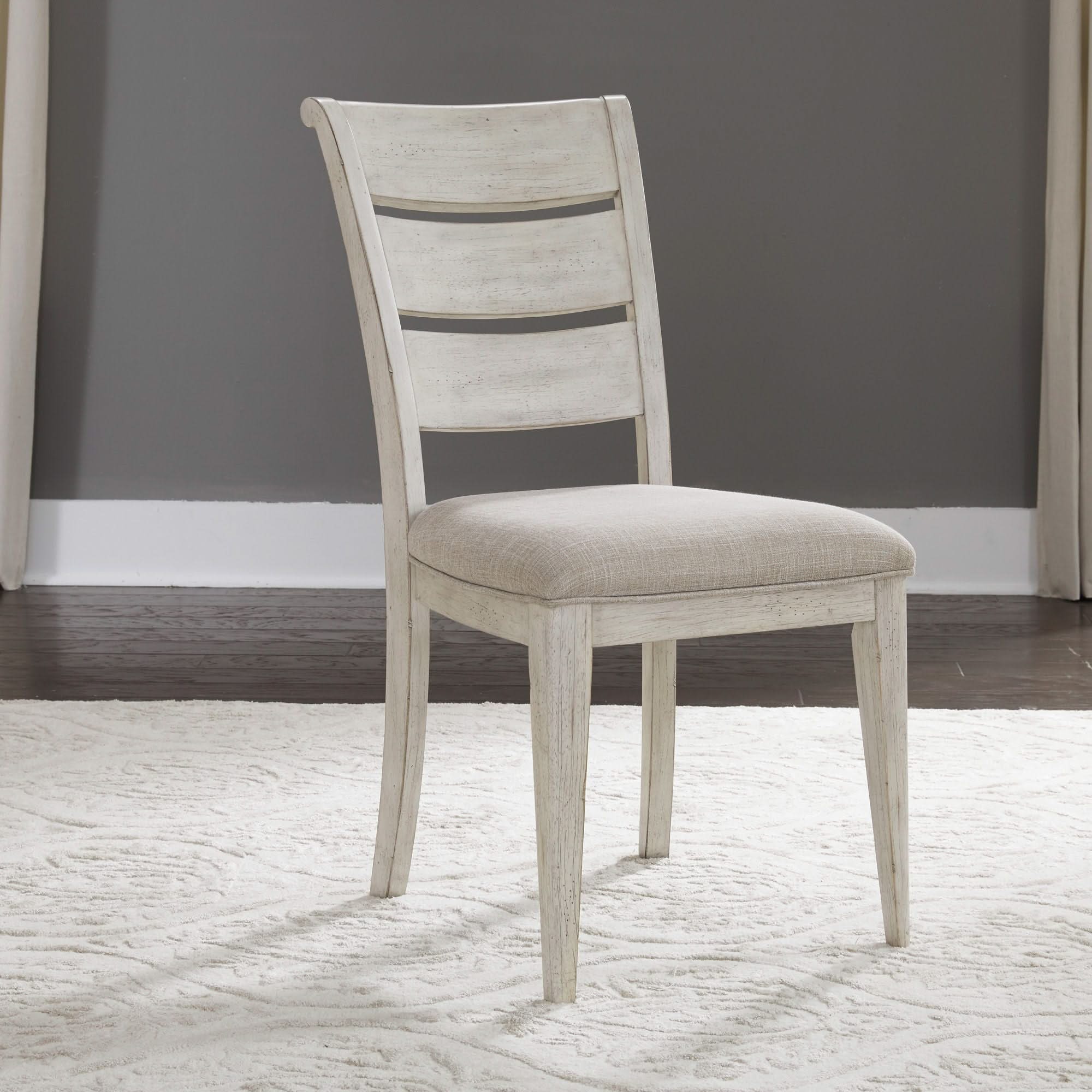 Farmhouse Reimagined - Ladder Back Upholstered Side Chair - Antique White / Chestnut Tops