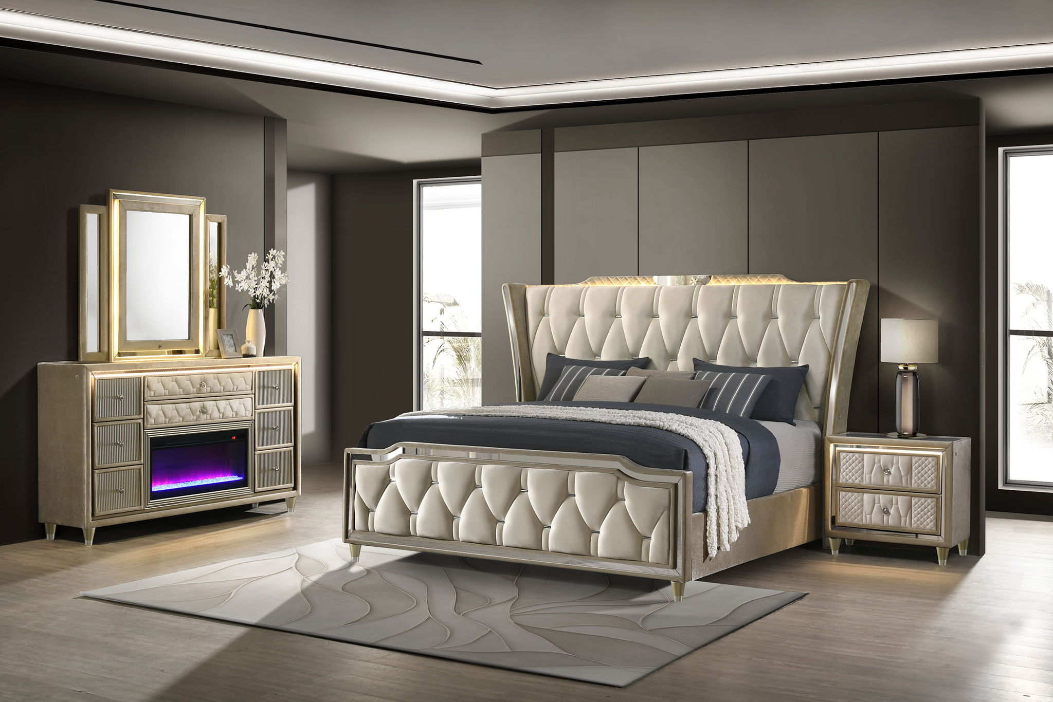 Lorient 4-piece Eastern King Bedroom Set Ivory and Camel