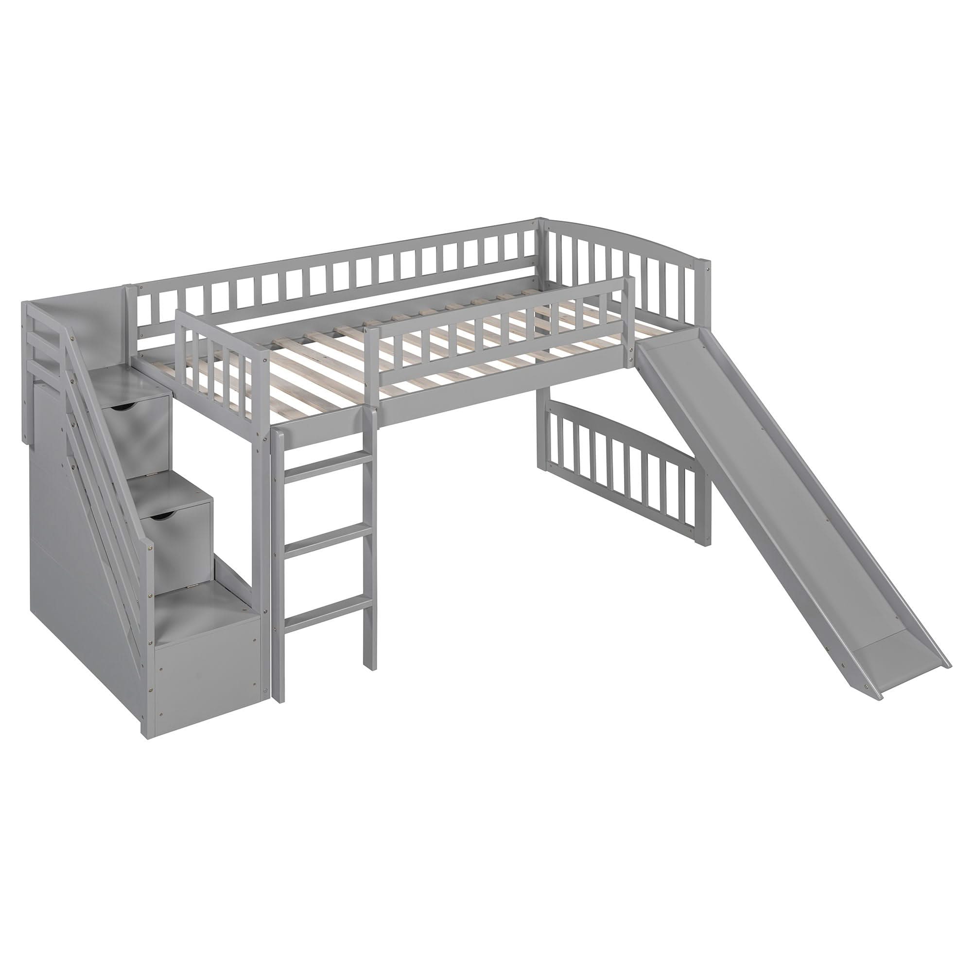 Loft Stairway Bed With 2 Drawers, Convertible Ladder And Slide