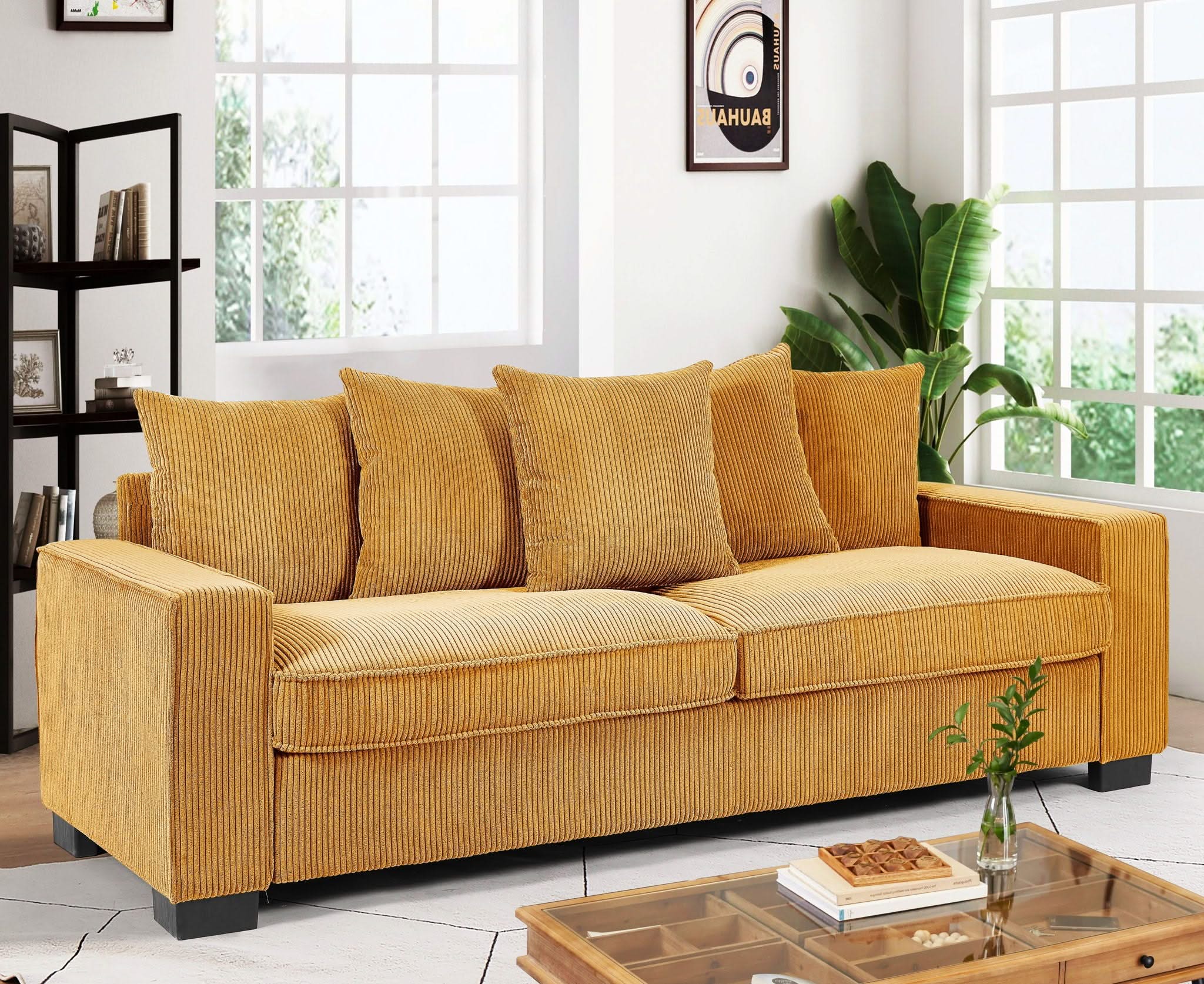 Luxe Sofa With 5 Matching Toss Pillows, Sleek Design, Spacious And Comfortable 3 Seater Couch