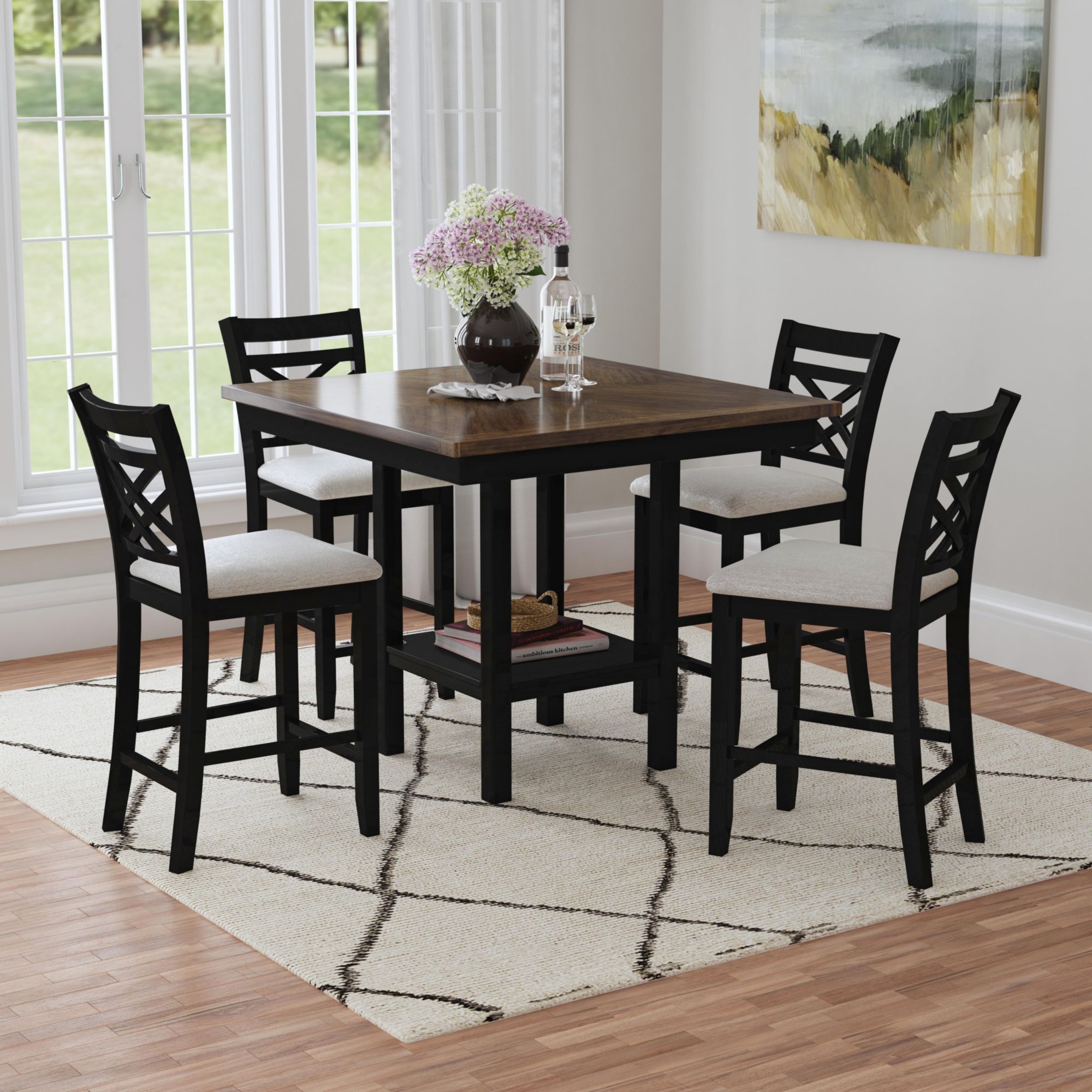 Brooks - 5 Piece Counter Set With Table And 4 Upholstered Seat & Wood Back Chairs - Medium Brown & Black
