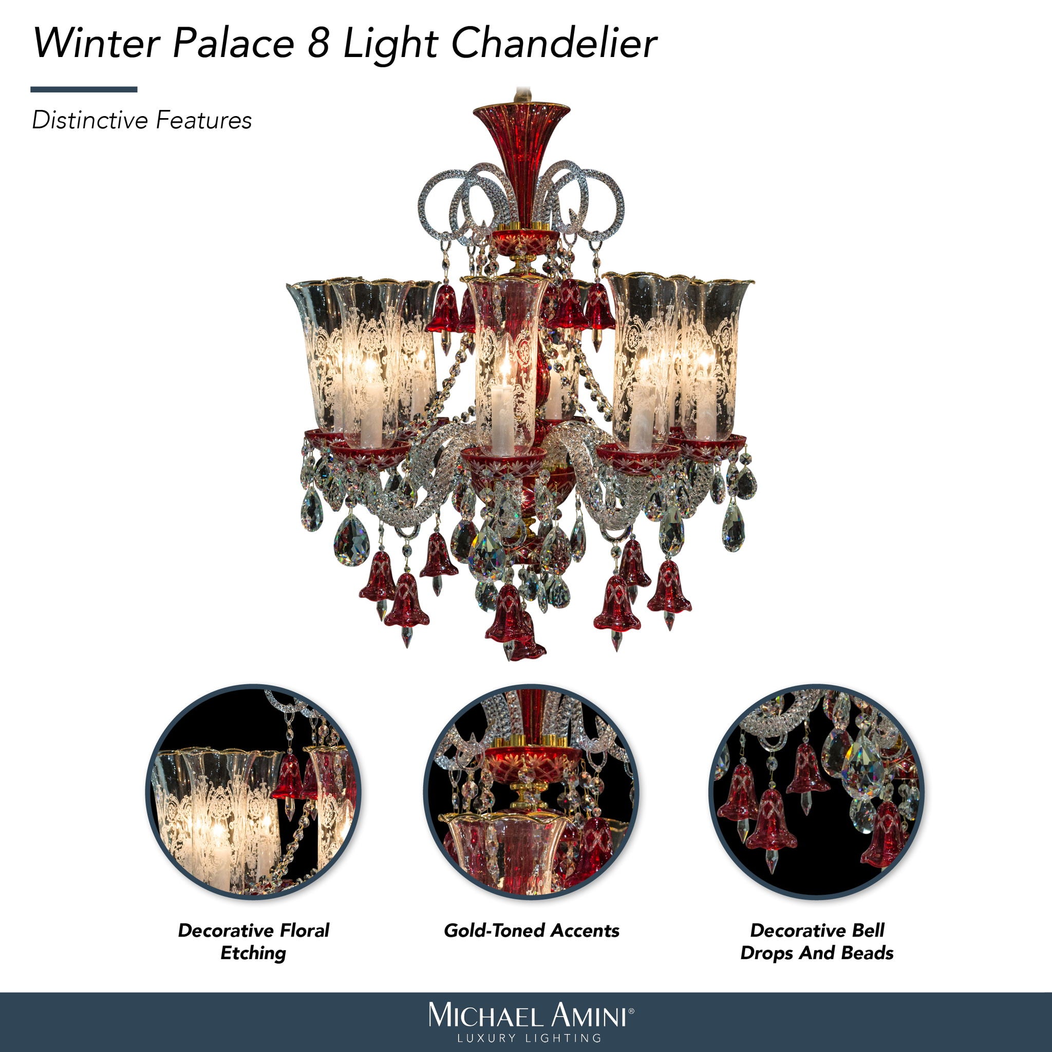 Michael Amini Lighting - Winter Palace 8-Light Traditional Crystal Chandelier - Ruby Red / Pearl Silver