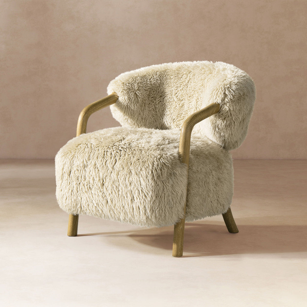Becker - Rustic Oak Sheepskin Upholstered Accent Arm Chair - Taupe Beige
