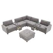 Sectional With Acrylic Table Top U Shaped Couch Set With 2 Consoles USB Charger, Storage Drawers And Pockets Movable Ottoman Tufted Sofa