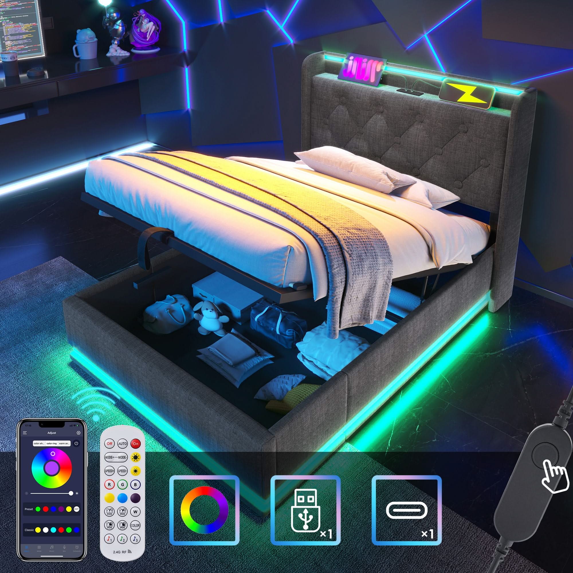 Upholstered Bed, 360 Surround LED Function, Remote Control, Hydraulic Storage Bed With USB, Type-C Charging (Without Mattress)