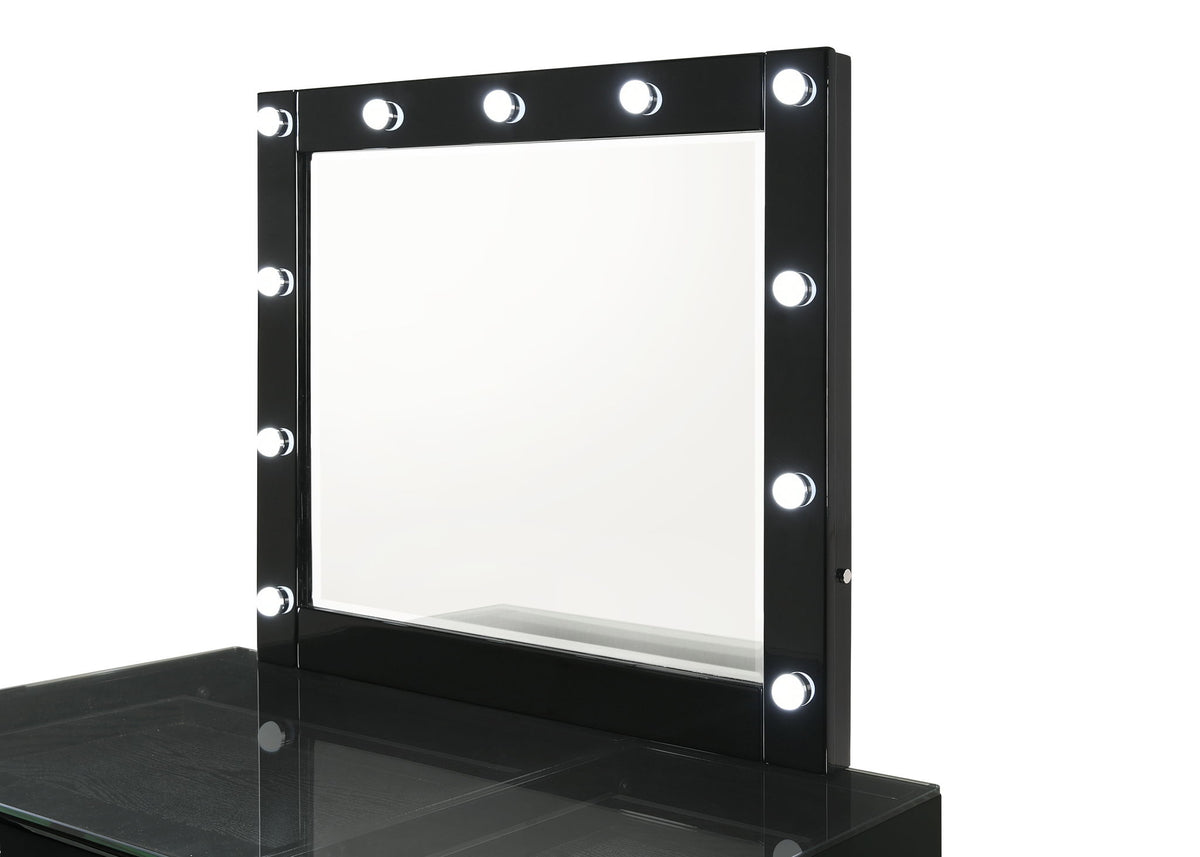 Morgan - Vanity Desk With Glass Top, LED Mirror & Stool - Black