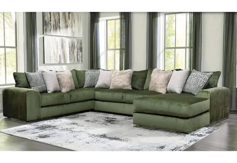 Aria Spinach Green Modern 3 PC Sectional with Chaise and Pillows