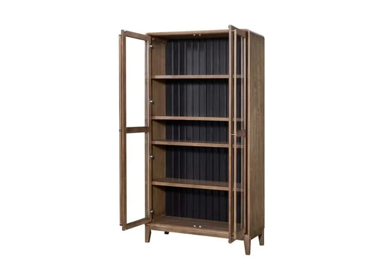 Banyan Natural Wood Display Cabinet with Glass Doors and Black Interior