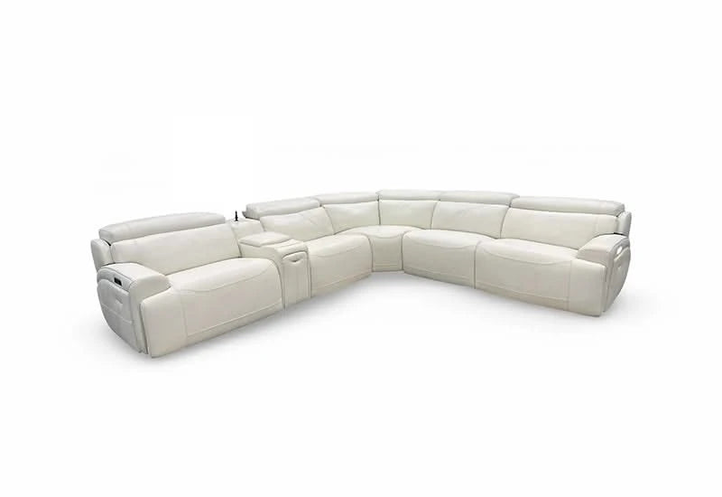 Baja White Leather Power Reclining 6 PC Modular Sectional with Storage Console and Cup Holders