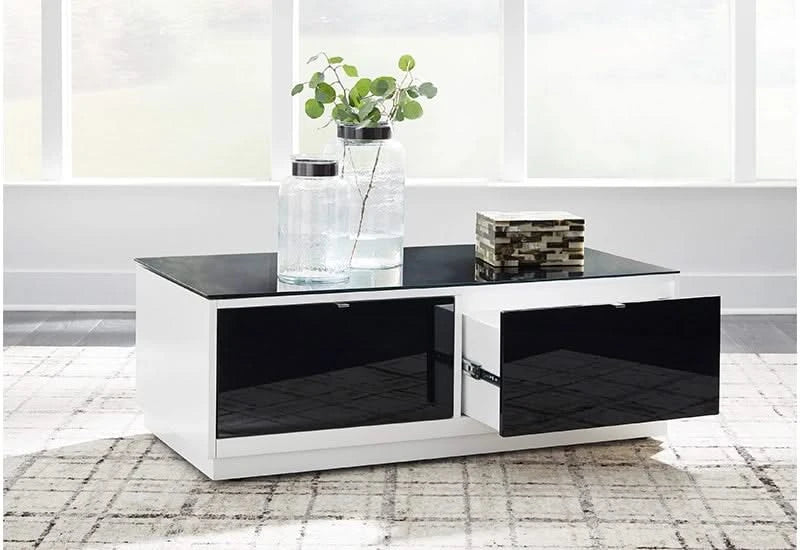 Belize Black & White Modern Glass Rectangular Coffee Table