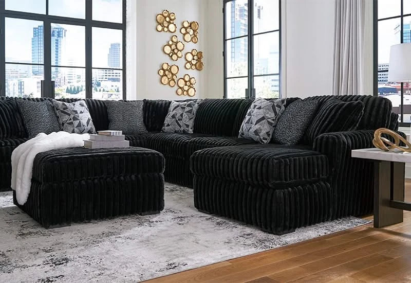 Casa Blanca Onyx Black Contemporary 4 PC Sectional with Chaise and Accent Pillows