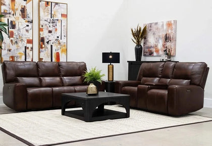 Chesapeke Brown Zero Gravity Leather Dual Power Reclining Living Room Set Includes Sofa with 3 Reclining seats and Loveseat with Storage Console