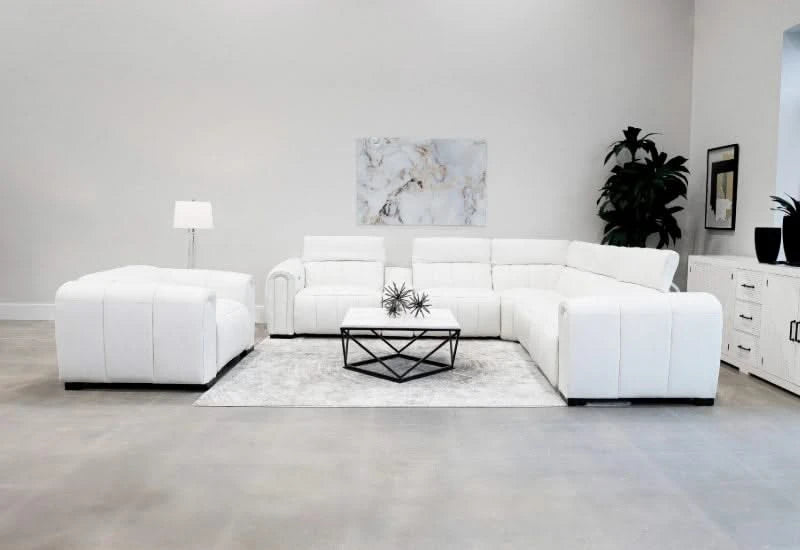 Cosmic White Leather Zero Gravity Power Headrest Reclining 6 PC Modular Sectional with Storage Console and Wireless Charging