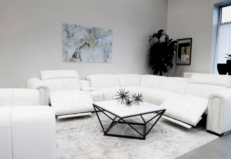 Cosmic White Leather Zero Gravity Power Headrest Reclining 6 PC Modular Sectional with Storage Console and Wireless Charging