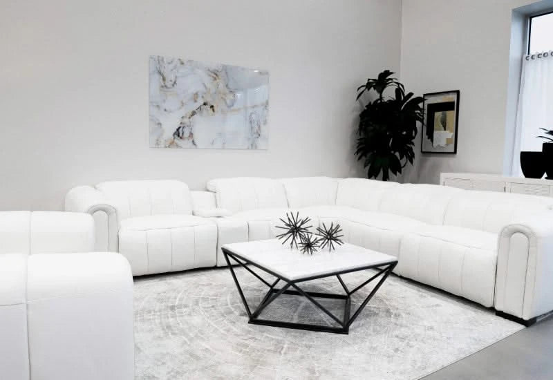 Cosmic White Leather Zero Gravity Power Headrest Reclining 6 PC Modular Sectional with Storage Console and Wireless Charging