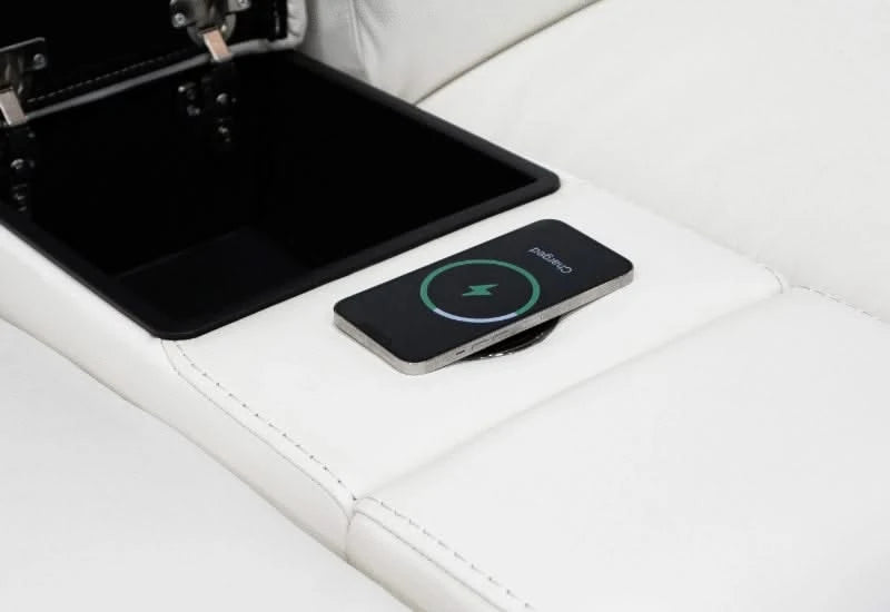 Cosmic White Leather Zero Gravity Power Headrest Reclining 6 PC Modular Sectional with Storage Console and Wireless Charging