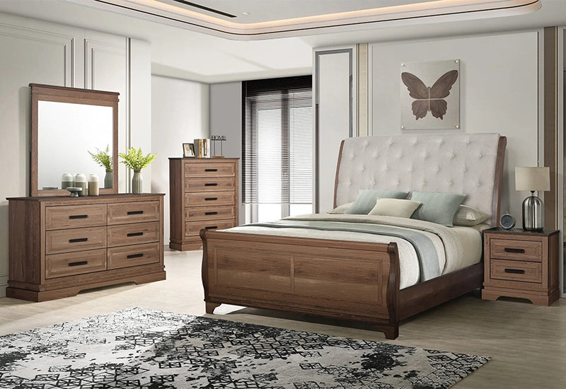 Coventry Hall 5PC Pecan Wood Bedroom Set with Upholstered Sleigh Bed in Queen or King