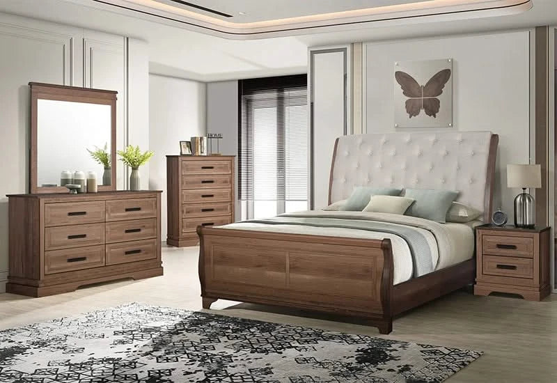 Coventry Hall Upholstered Sleigh Bed in Pecan Finish (Queen or King)