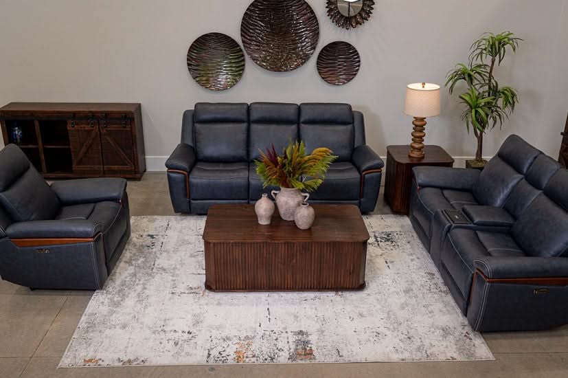 Kyle Navy Blue Leather Zero Gravity Power Reclining Living Room Set with Power Headrests