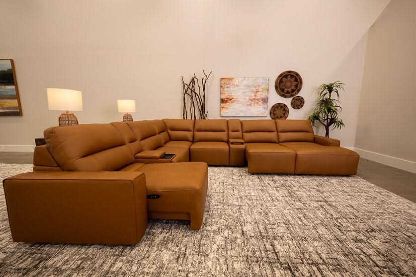 Iona Saddle Leather 8 PC Modular Slider Sectional with Chaise and 2 Storage Consoles