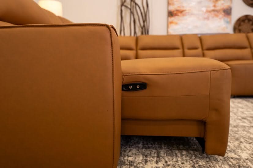 Iona Saddle Leather 8 PC Modular Slider Sectional with Chaise and 2 Storage Consoles