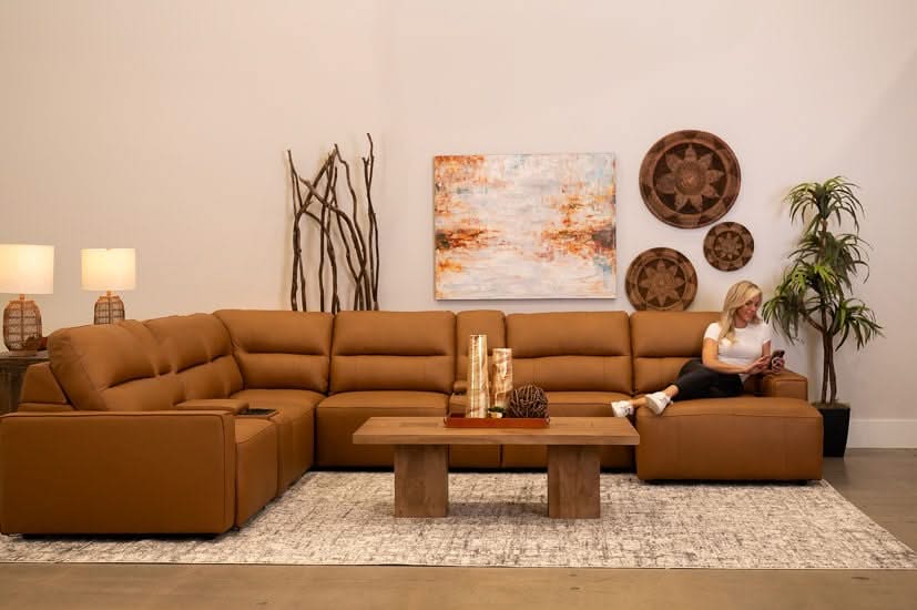 Iona Saddle Leather 8 PC Modular Slider Sectional with Chaise and 2 Storage Consoles