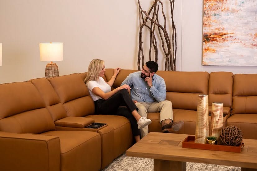 Iona Saddle Leather 8 PC Modular Slider Sectional with Chaise and 2 Storage Consoles