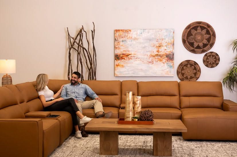 Iona Saddle Leather 8 PC Modular Slider Sectional with Chaise and 2 Storage Consoles