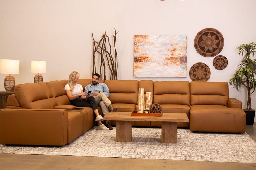 Iona Saddle Leather 8 PC Modular Slider Sectional with Chaise and 2 Storage Consoles
