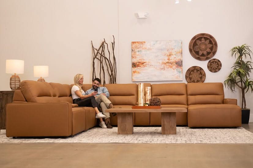 Iona Saddle Leather 8 PC Modular Slider Sectional with Chaise and 2 Storage Consoles