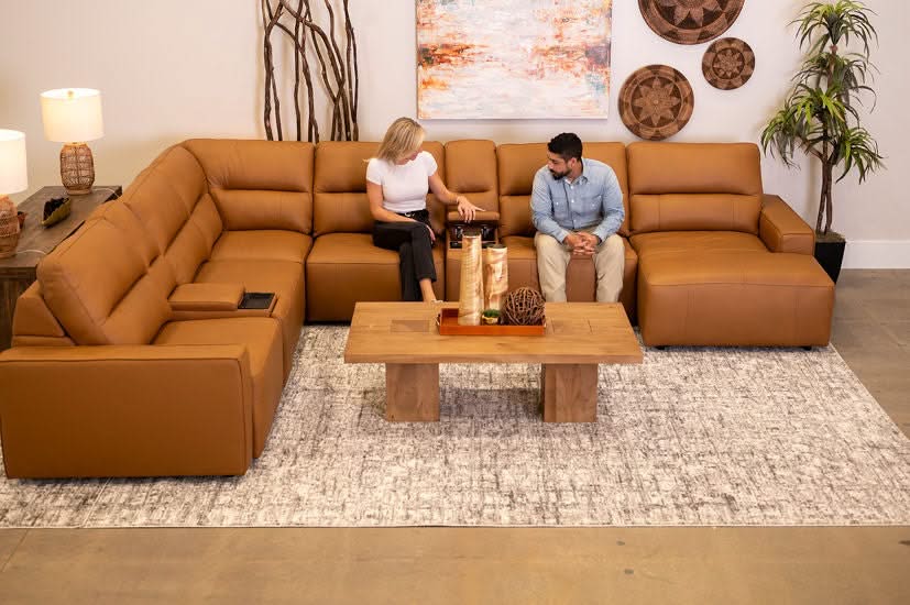 Iona Saddle Leather 8 PC Modular Slider Sectional with Chaise and 2 Storage Consoles