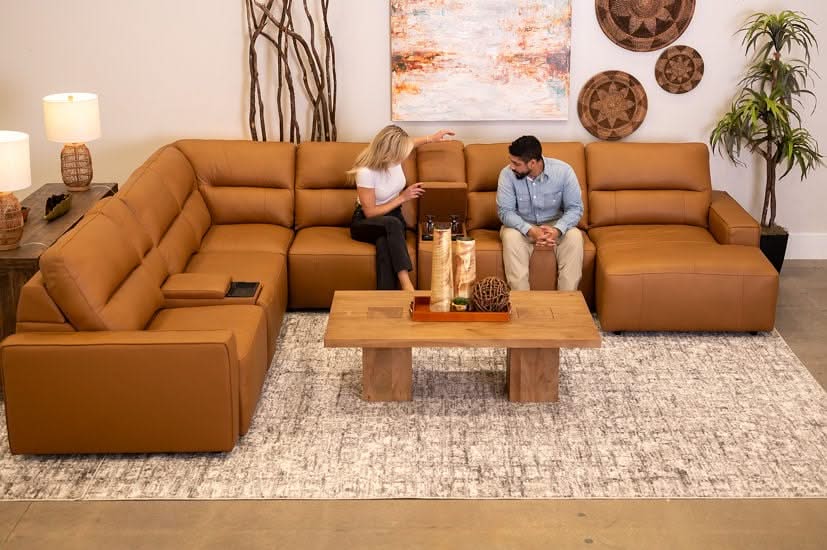 Iona Saddle Leather 8 PC Modular Slider Sectional with Chaise and 2 Storage Consoles