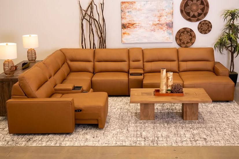Iona Saddle Leather 8 PC Modular Slider Sectional with Chaise and 2 Storage Consoles