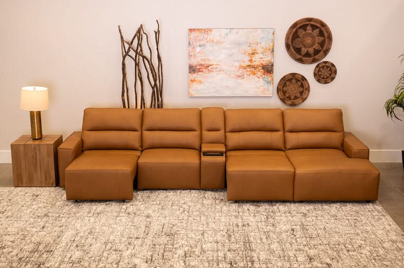 Iona Saddle Leather 5 PC Modular Slider Sectional with Chaise