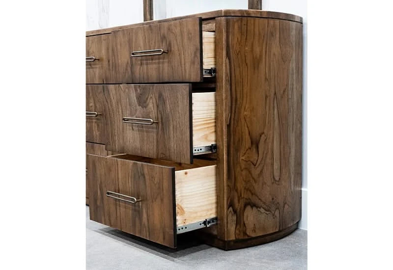 Deepika Brown Mango/Teak Wood Contemporary 5 PC Bedroom Set with Queen/King Bed (Headboard, Footboard and Rails), Dresser and Mirror