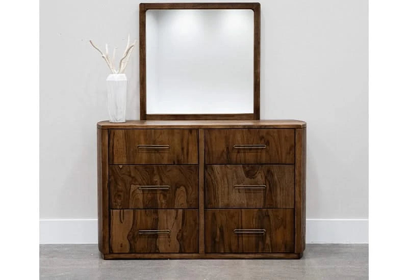 Deepika Brown Mango/Teak Wood Contemporary 5 PC Bedroom Set with Queen/King Bed (Headboard, Footboard and Rails), Dresser and Mirror