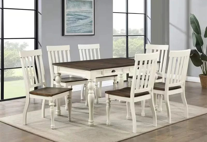 Farmhouse Ivory and Mocha Side Chair with Slat Back