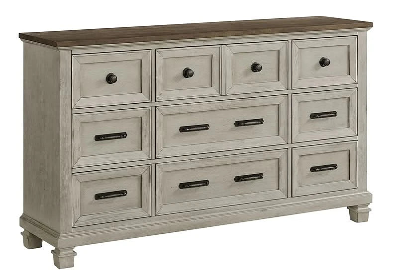 Farmington Two Tone Rustic Bedroom Set Includes Bed (Headboard, Footboard, and Rails), Dresser and Mirror
