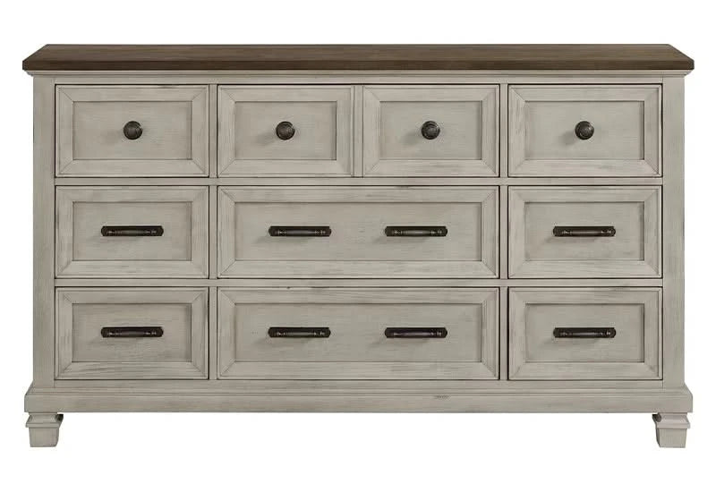 Farmington Two Tone Rustic Bedroom Set Includes Bed (Headboard, Footboard, and Rails), Dresser and Mirror