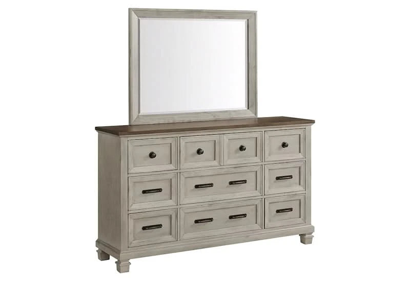 Farmington Two Tone Rustic Bedroom Set Includes Bed (Headboard, Footboard, and Rails), Dresser and Mirror