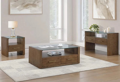 Garland Toffee Brown Modern Rustic Glass Top 3 PC Coffee Table Set