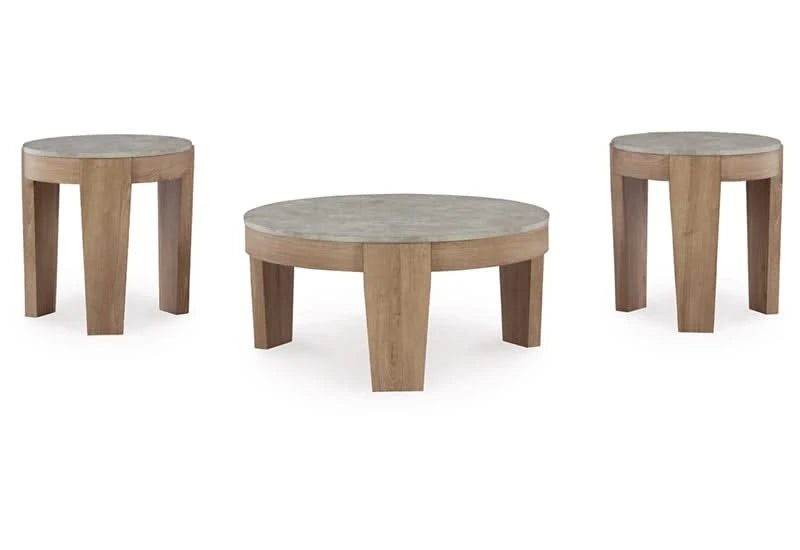Guystone Light Brown Casual 3PC Round Coffee Table Set with Faux Cement Top