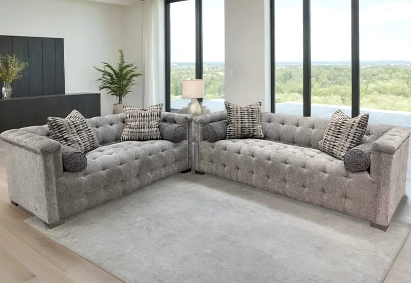 Harper Tufted Sofa & Loveseat Set in Luxe Textured Gray Fabric