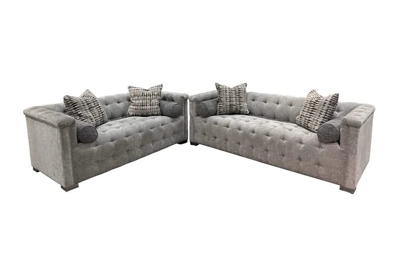 Harper Tufted Loveseat in Textured Gray with Designer Accent Pillows