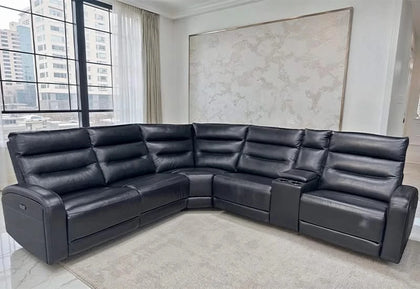 Impression Black 6-Piece Leather Reclining Sectional with Power Recliners and Console