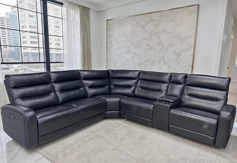 Impression Black 6-Piece Leather Reclining Sectional with Power Recliners and Console