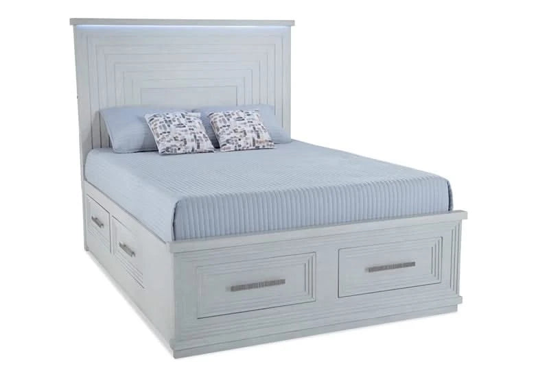 Infinity White Contemporary Storage Platform Bed Includes Headboard with LED Lighting, Footboard and Rails